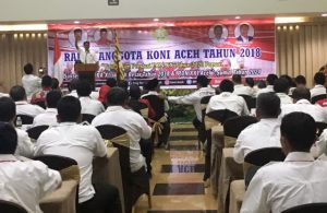 Pelaksanaan RAT KONI Aceh yang antara lain serius membahas PORA di Aceh Besar, Sabtu (21/7/2018) di Grand Nanggroe Hotel Banda Aceh. (Foto/Aldin NL)
