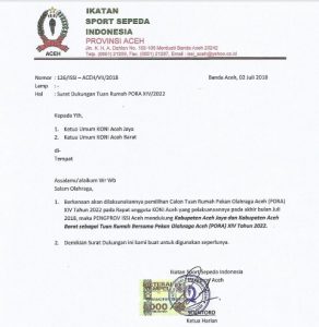 Surat dukungan tertulis PABBSI Aceh untuk Ajabar sebagai tuan Pekan Olah Raga Aceh (PORA) XIV tahun 2022. (Dok/Ist)