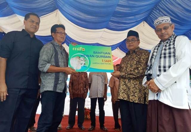 WhatsApp Image 2018-08-16 at 19.42.07 Bupati Aceh Barat H Ramli MS menyerahkan secara simbolis salah satu hewan ternak qurban yang disalurkan PT Mifa Bersaudara kepada warga di sekitar operasional perusahaan, dipusatkan di kawasan Peunaga Cut Ujong, Kecamatan Meureubo, Kamis siang (16/8/2018). (Foto/Dedi Iskandar).