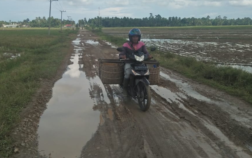 Ruas jalan Kecamatan Meurah Mulia, Aceh Utara, yang merupakan jalur akses kawasan pertanian Meunje Puet, mengalami rusak berat. (Foto/zainal abidin)