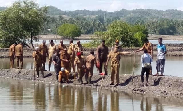 20190123_061151 Bupati Pidie, Roni Ahmad (pakai kupiah merah-red), dan Dandim terlihat sedang berdiri memegang tongkat melubangi tanah tambak untuk ditanam bibit manggrove, sementara bawahanya tampak berdiri santai di atas pemanatang tambak. (Foto/Muhammad Riza)